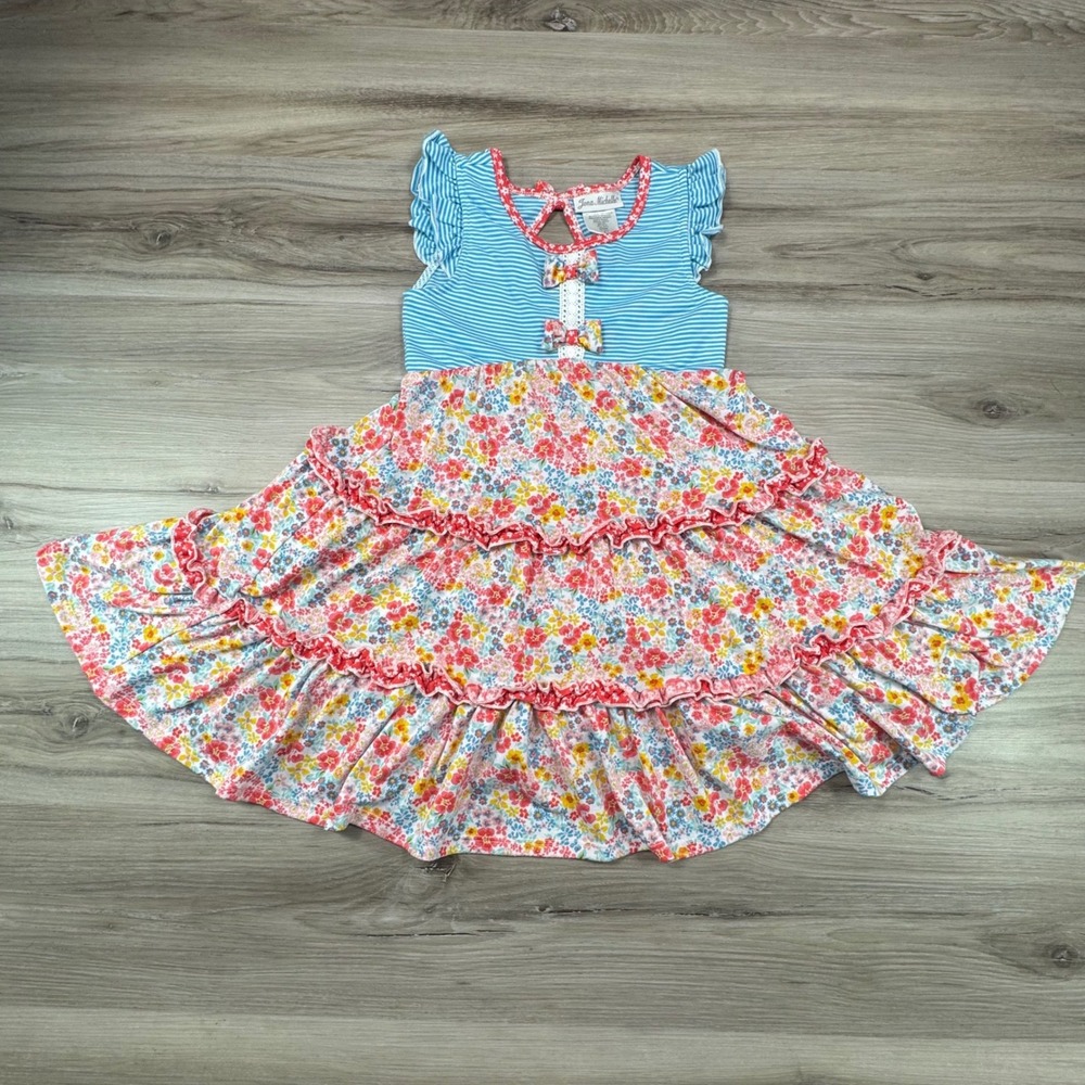 Jona Michelle Girls Blue Stripe Floral Tiered Ruffle Dress Size 6 Cottagecore